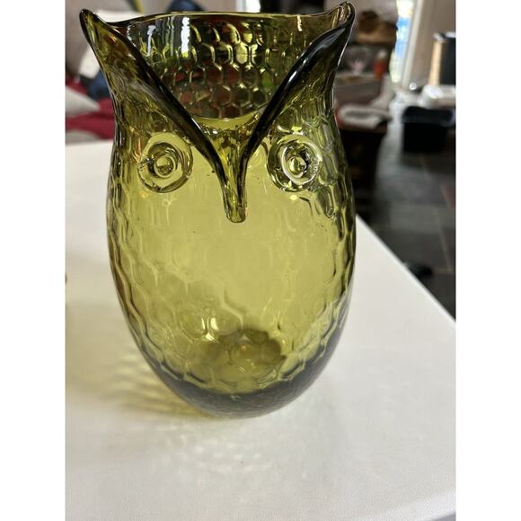 Unmarked Other - Vintage Art Glass Green Owl Pitcher Retro Honeycomb Glass 10 Inches🔥